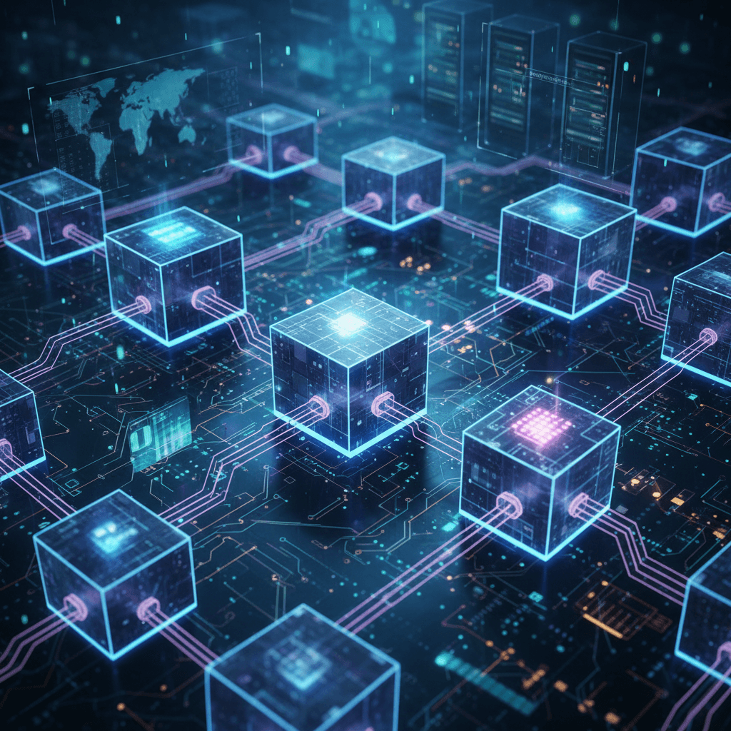 Blockchain network visualization with connected nodes